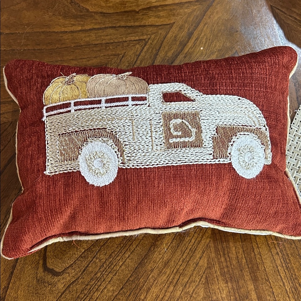 Embroidered Red Truck Decorative Pillow
